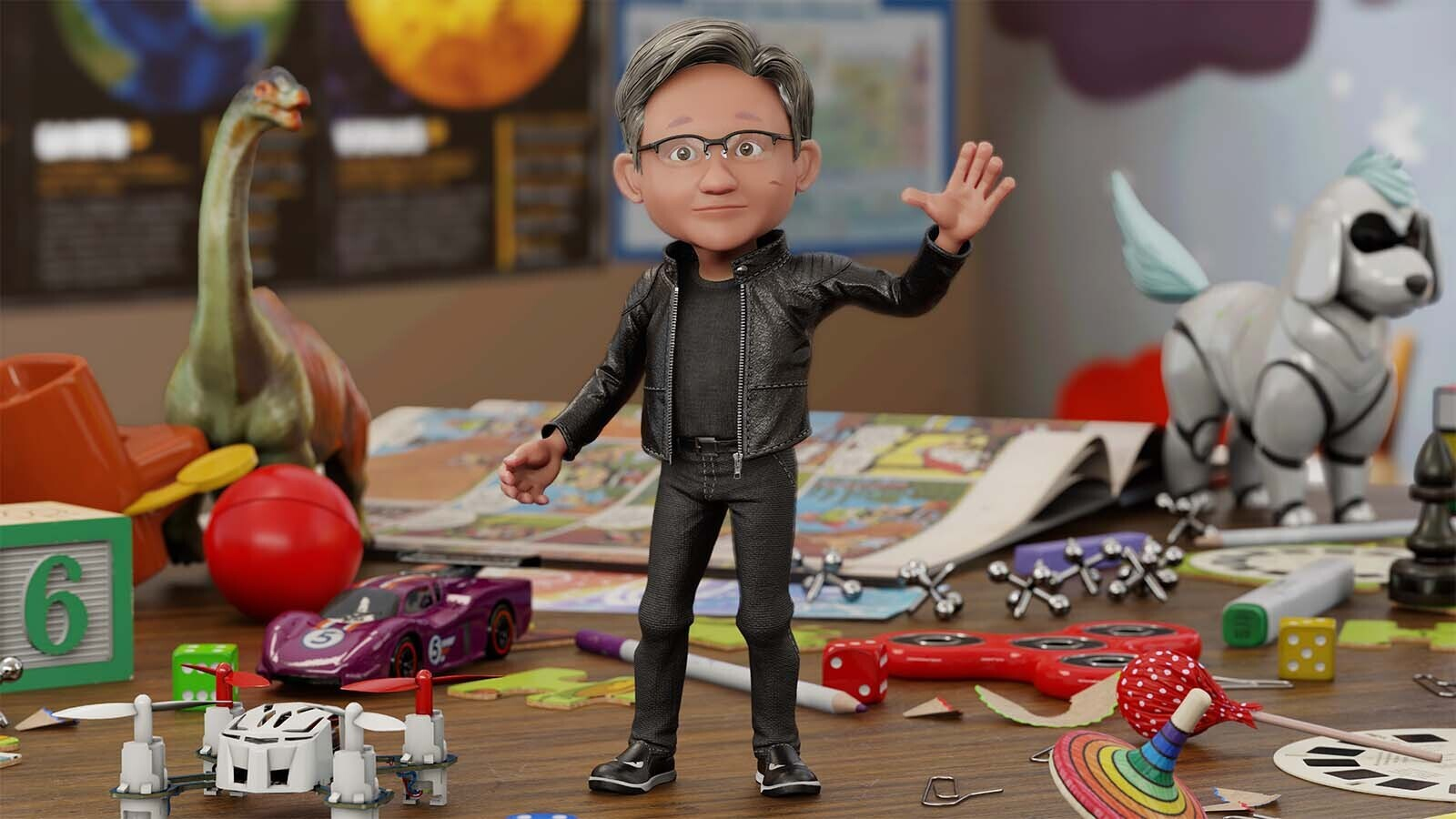 A computer-generated 'toy' model of Nvidia CEO Jensen Huang, standing on a desk surrounded by other toys.