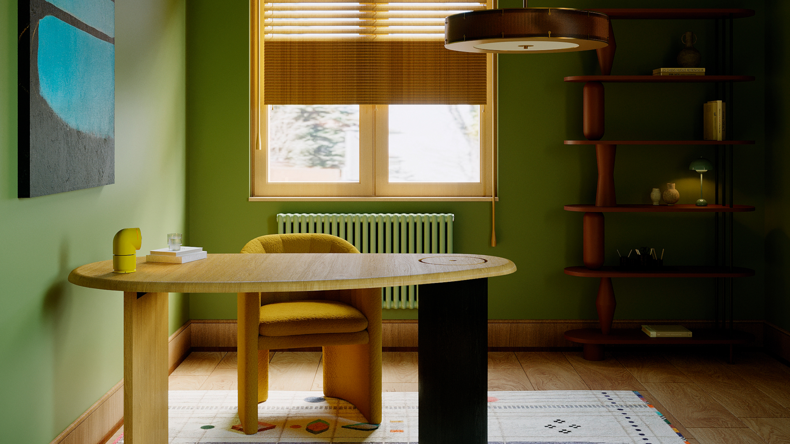Green home office with wood desk with black leg, abstract white rug, yellow blinds and black and blue abstract artwork