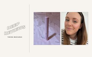 Introduction for our review of the best tubing mascaras, featuring Beauty Pie WrapStar mascara and managing editor Poppy wearing a tubing mascara