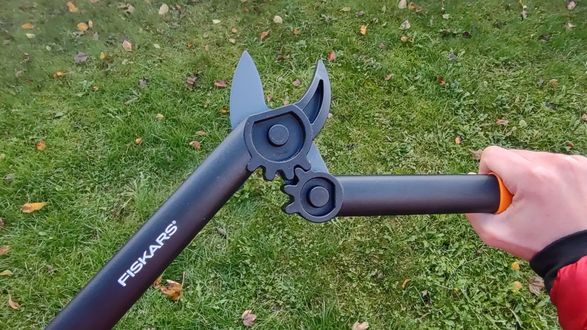 The Fiskars L31 lopper, shown with its geared handles splayed into their unusual open position. 