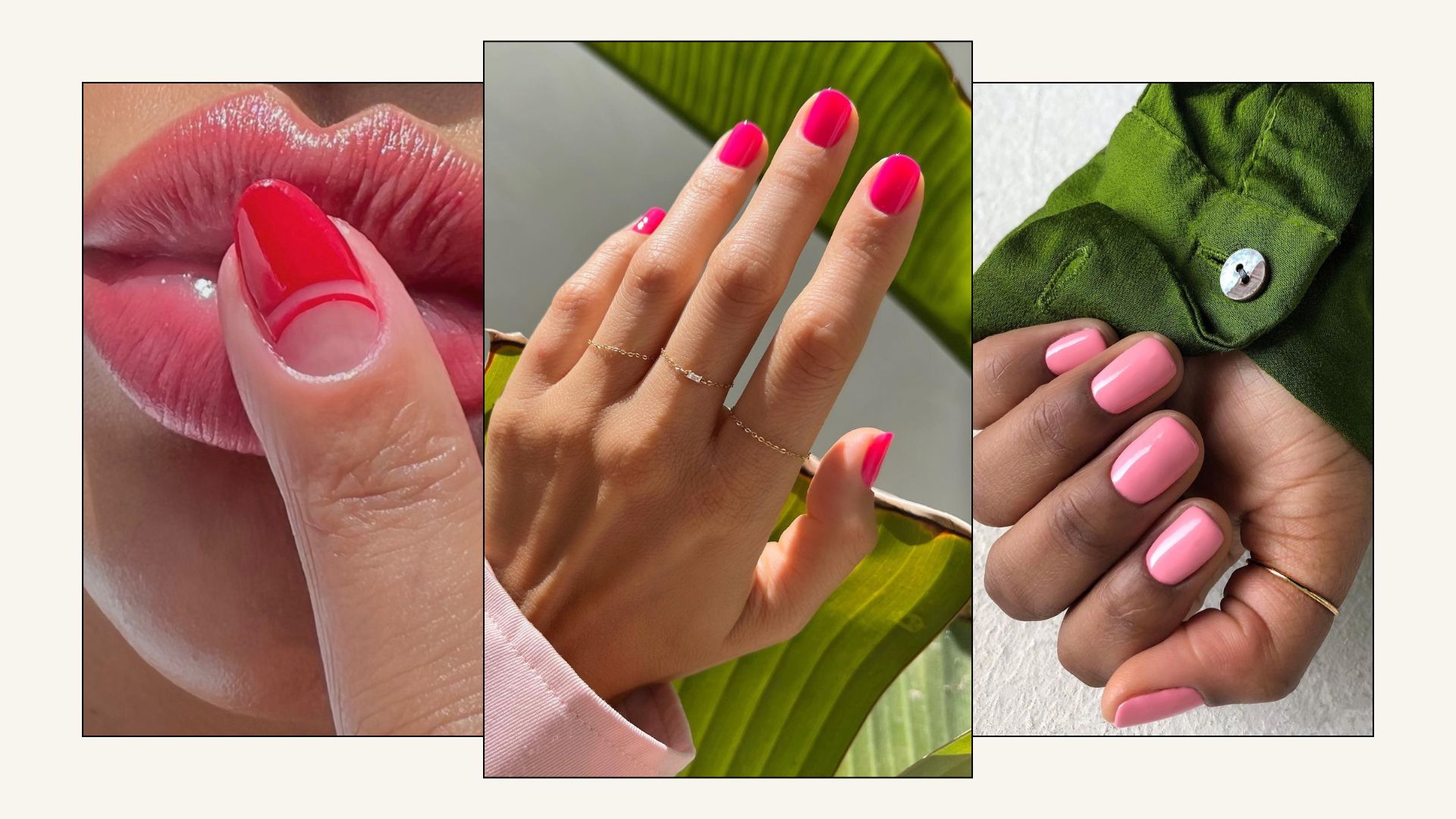 A collage of pink nail designs inspired by guava fruit