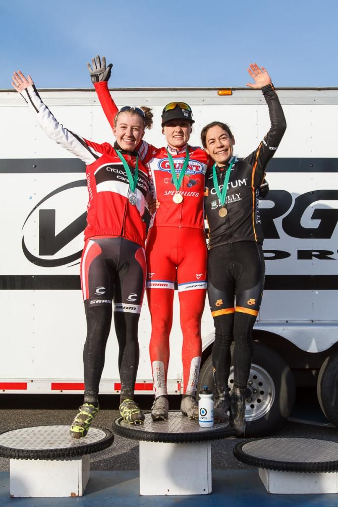 The Elite women's podium for day one of Baystate CX: Anthony third, White second, Anderson wins