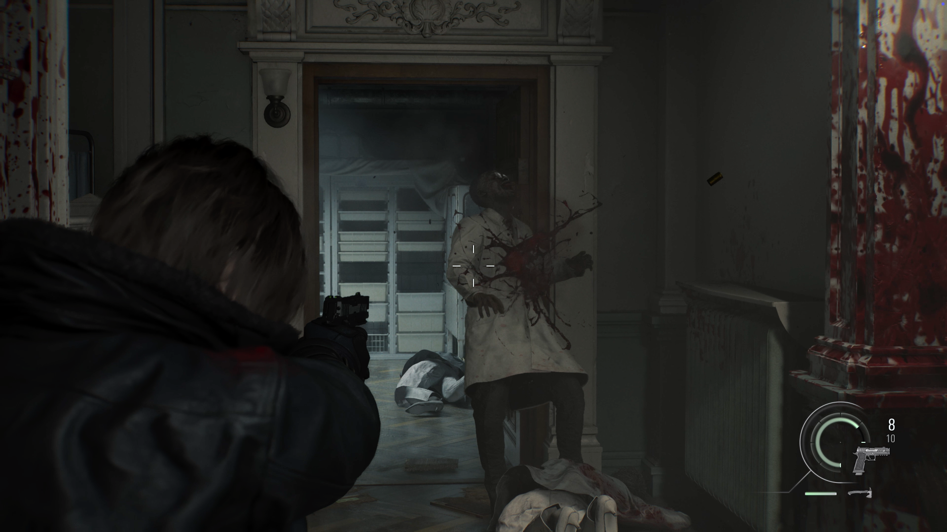 Leon shoots a zombie in a hallway in Resident Evil Requiem