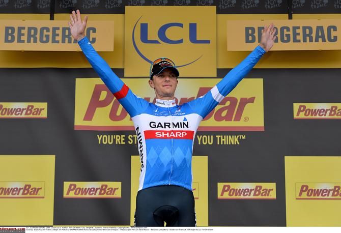 Ramunas Navardauskas (Garmin-Sharp) stands on the podium as the stage 19 winner