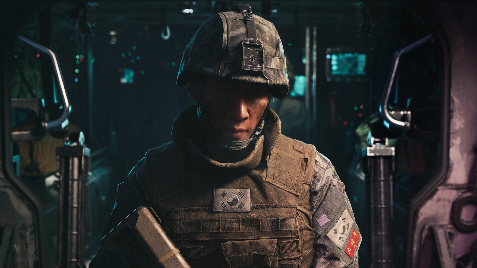 A weary soldier in helmet and body armor stands in a dim, high-tech vehicle interior, his lowered gaze and tense posture conveying fatigue and unease.