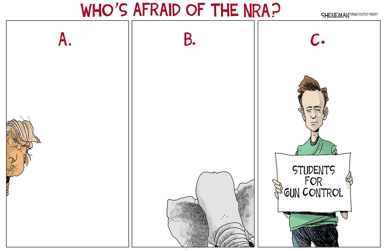 Political cartoon U.S. NRA Congress Trump Parkland mass shooting inaction gun control legislation student protests NRA