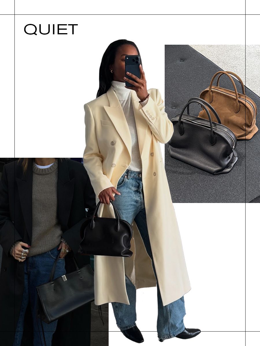 Collage of quiet luxury bags.