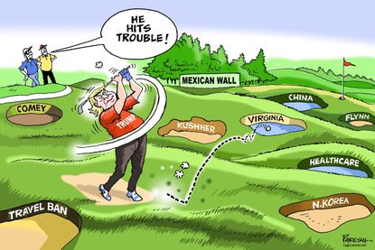 Political cartoon U.S. Trump golf White House chaos Charlottesville