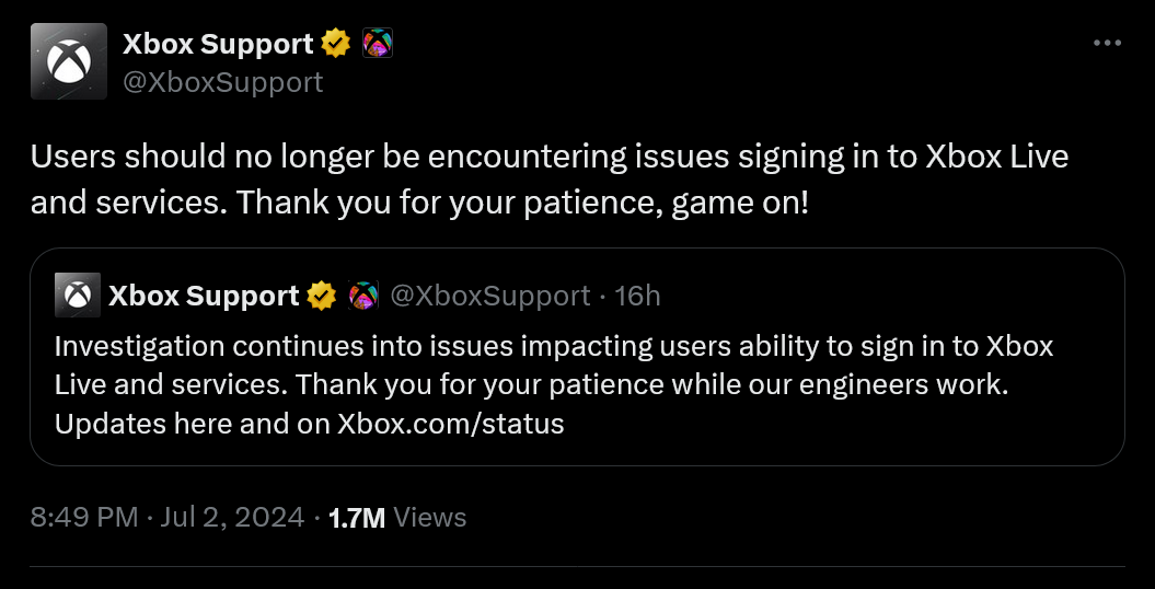 Users should no longer be encountering issues signing in to Xbox Live and services. Thank you for your patience, game on!