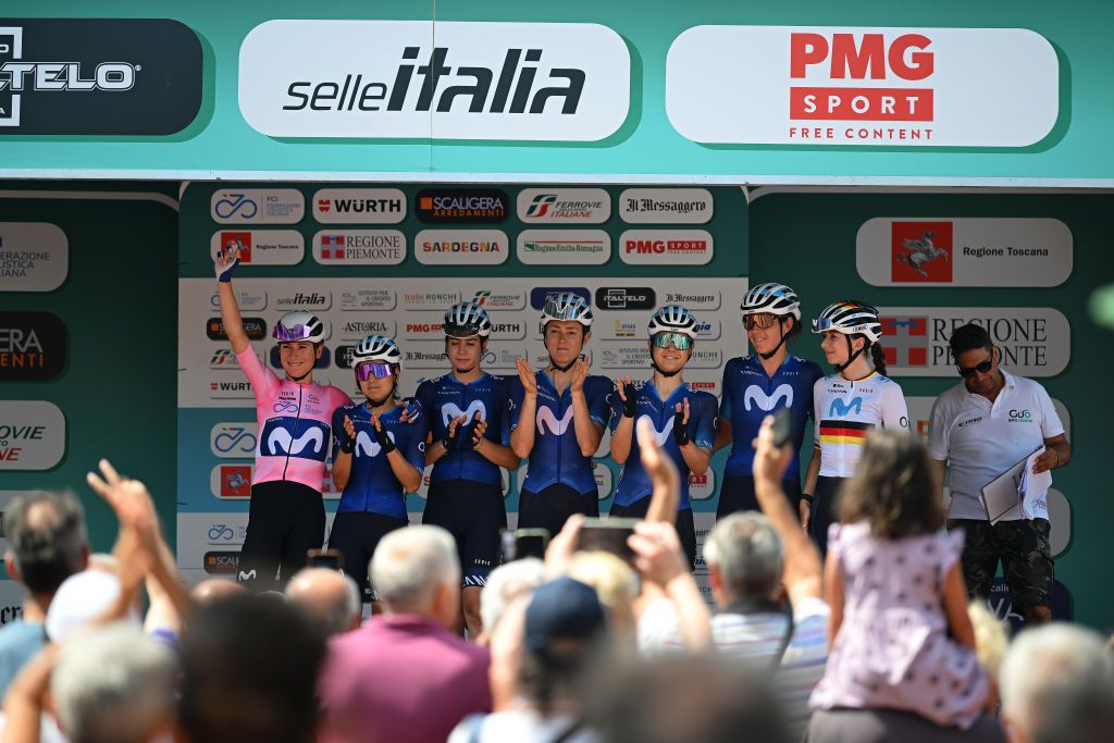 ALBENGA ITALY JULY 06 A general view of Annemiek Van Vleuten of The Netherlands Liane Lippert of Germany Sheyla Gutierrez of Spain Aude Biannic of France Sara Martin of Spain Floortje Mackaij of The Netherlands Paula Andrea Patino of Colombia and Movistar Team prior to the 34th Giro dItalia Donne 2023 Stage 7 a 1091km stage from Albenga to Alassio Santuario della Guardia 551m UCIWWT on July 06 2023 in Albenga Italy Photo by Dario BelingheriGetty Images