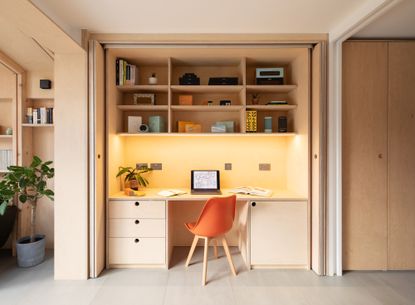 A home office inside a cabient