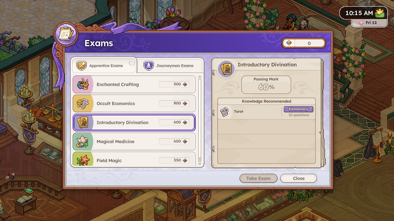 Exams menu in Witchbrook