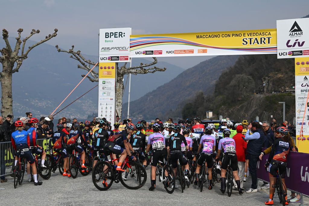 MACCAGNO CON PINO E VEDDASCA ITALY MARCH 19 A general view of the peloton prior to the 24th Trofeo Alfredo BindaComune di Cittiglio 2023 Womens Elite a 139km one day race from Maccagno con Pino e Veddasca to Cittiglio UCIWWT on March 19 2023 in Maccagno con Pino e Veddasca Italy Photo by Dario BelingheriGetty Images
