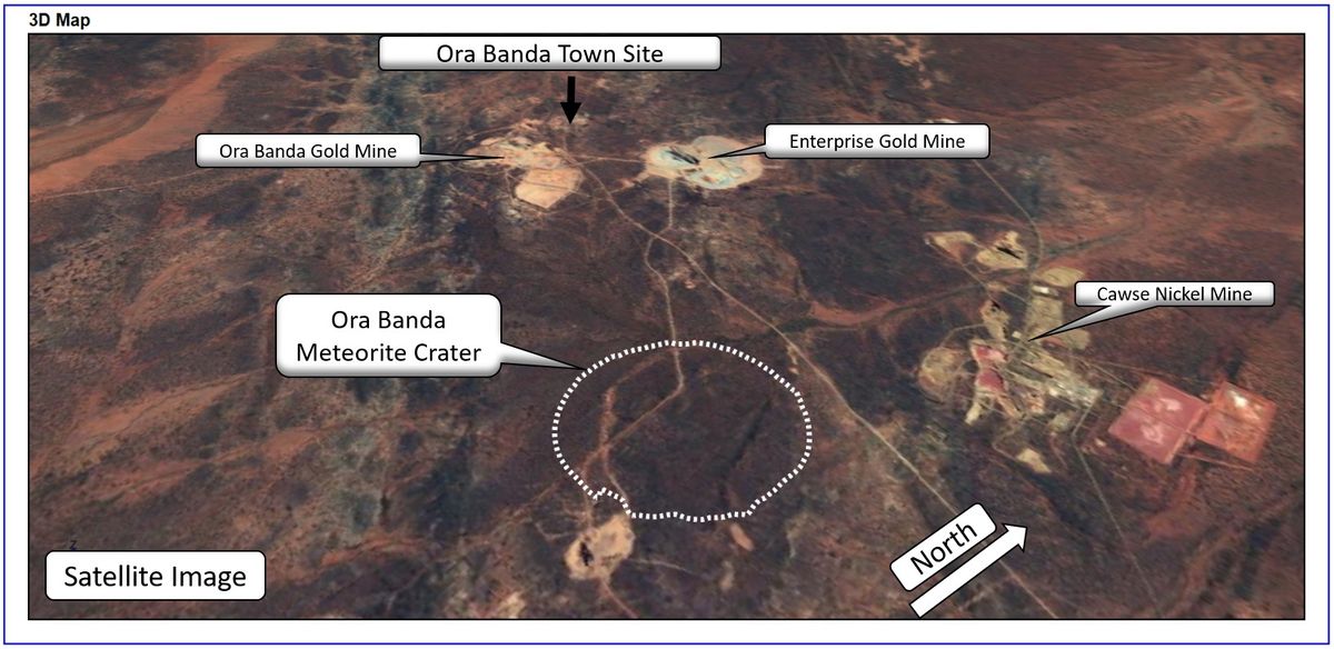 This satellite image shows the Ora Banda Impact Crater site and the surrounding landscape.