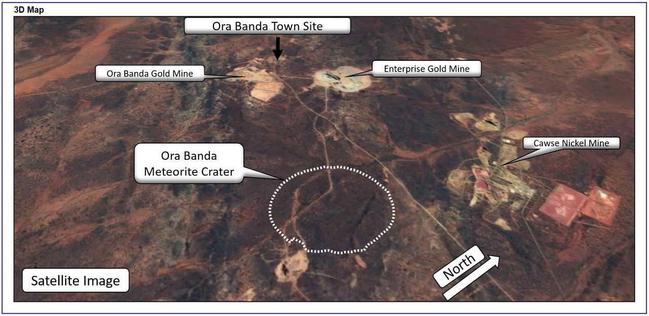 This satellite image shows the Ora Banda Impact Crater site and the surrounding landscape.
