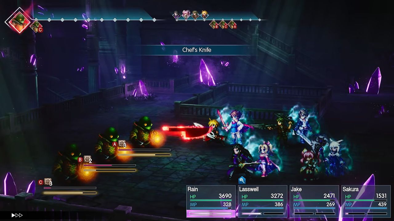 A turn-based battle scene from a fantasy RPG, featuring characters and gameplay elements like health points (HP), magic abilities, and enemy units in a dark environment with glowing crystals.