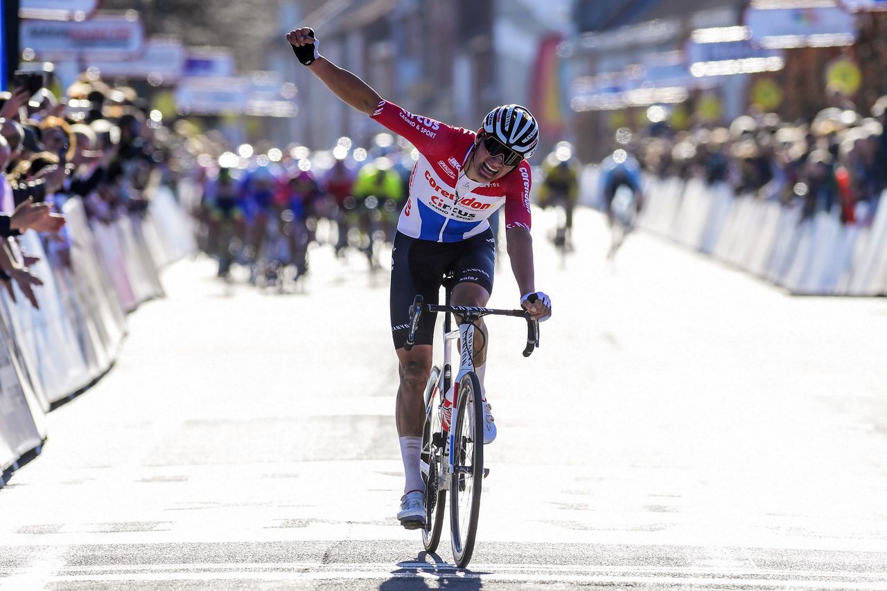 Mathieu van der Poel celebrates an impressive victory