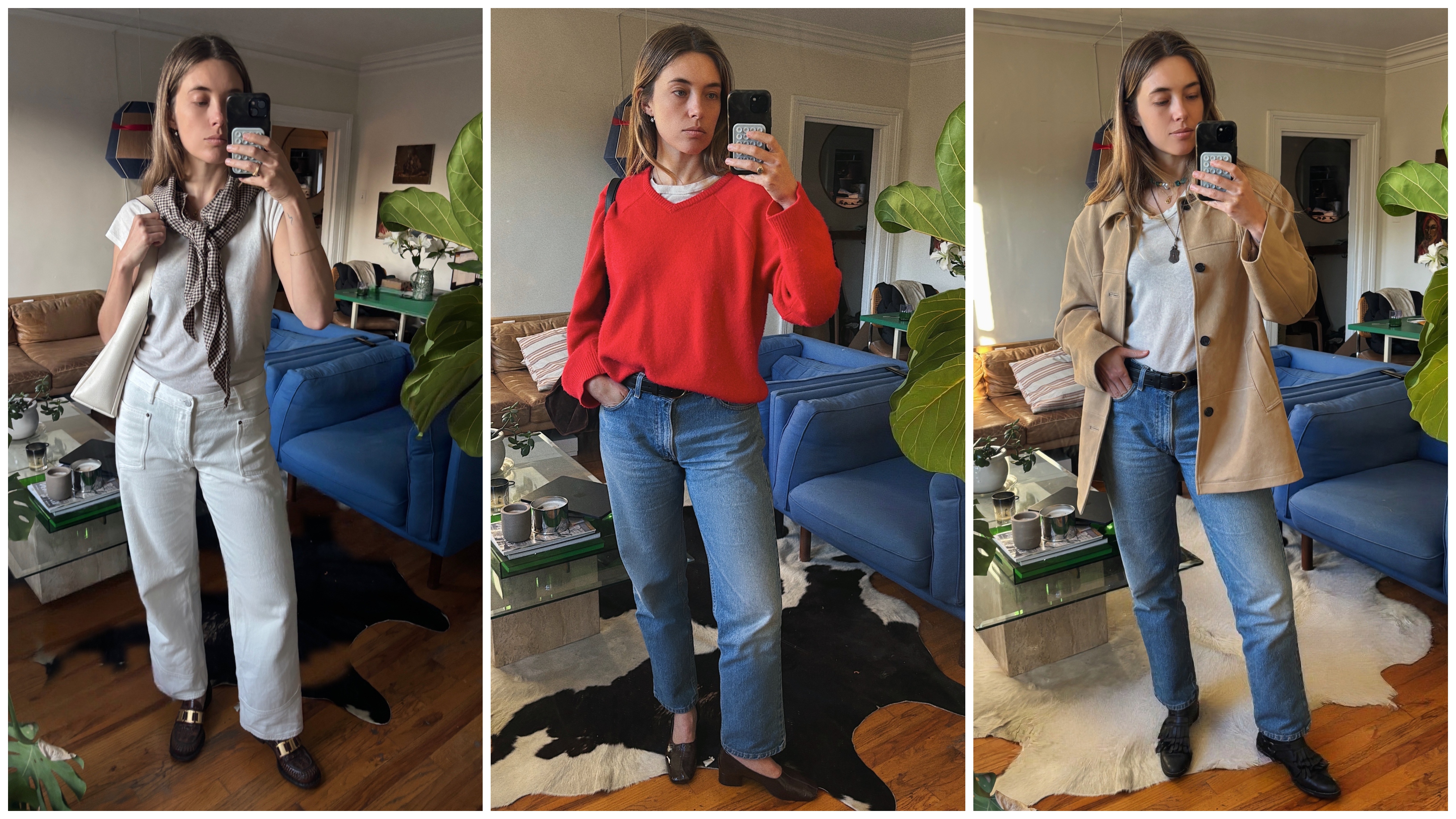 collage of aemila madden wearing jeans and a white t-shirt