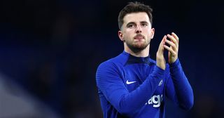 Manchester United target Mason Mount of Chelsea applauds the fans following the Premier League match between Chelsea FC and Aston Villa at Stamford Bridge on April 01, 2023 in London, England.