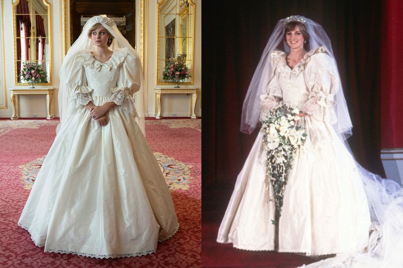 'the crown' diana vs real life diana wedding dress