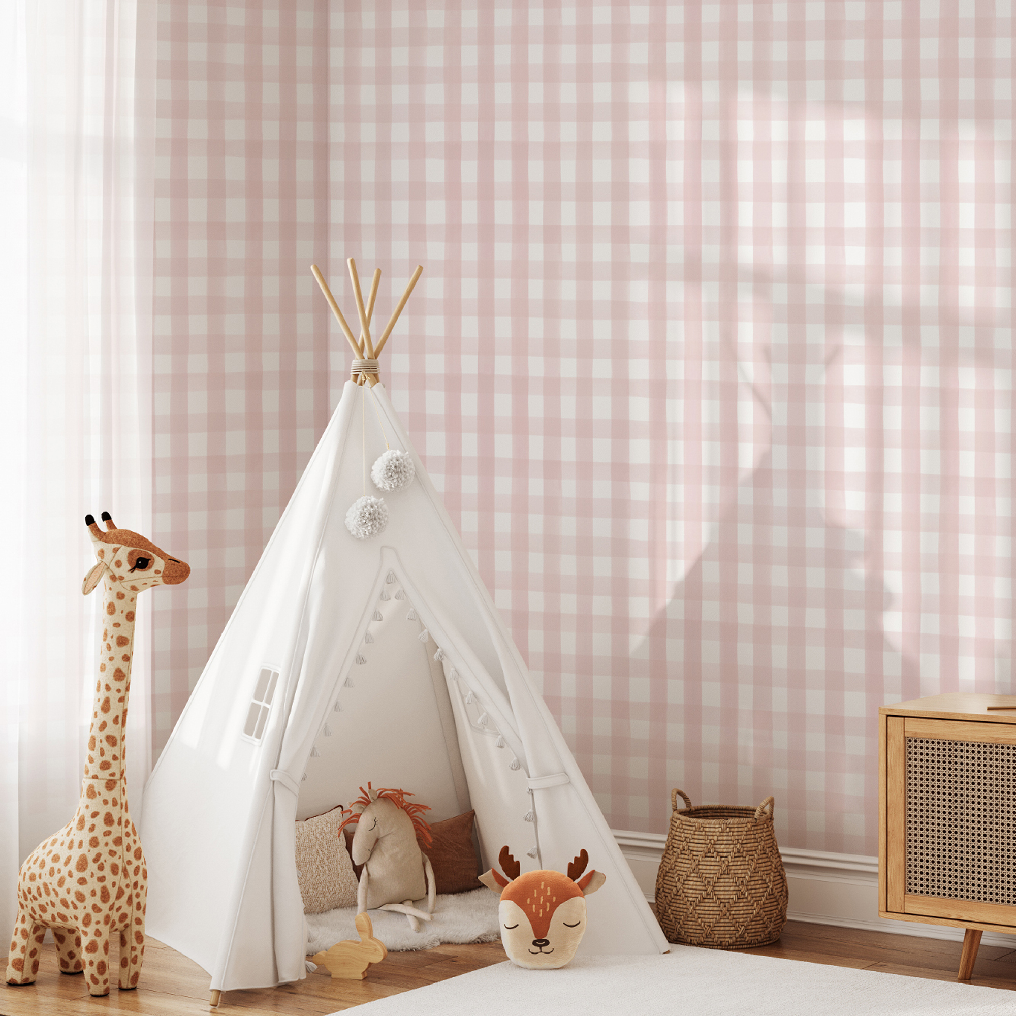 A kids bedroom with gingham wallpaper from Hovia