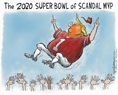 Political Cartoon U.S. Trump Super Bowl scandal MVP