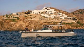 One of the Axopar motorboats at Cali, Mykonos