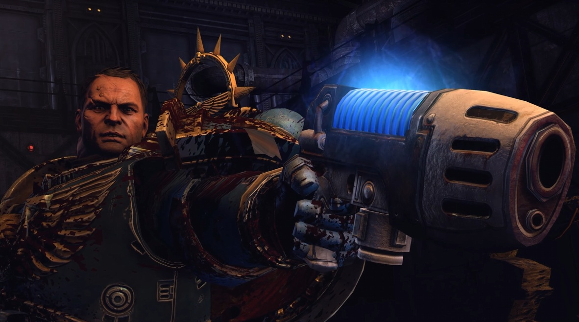 Titus aiming a gun in Warhammer 40,000: Space Marine Master Crafted Edition