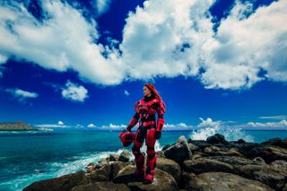 Cosplayer Dallas Nagata White poses for a picture in her Spartan armor from the Halo video game franchise in Hawaii.