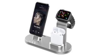 The OLEBR 3 in 1 Charging Stand charging an iphone and an apple watch