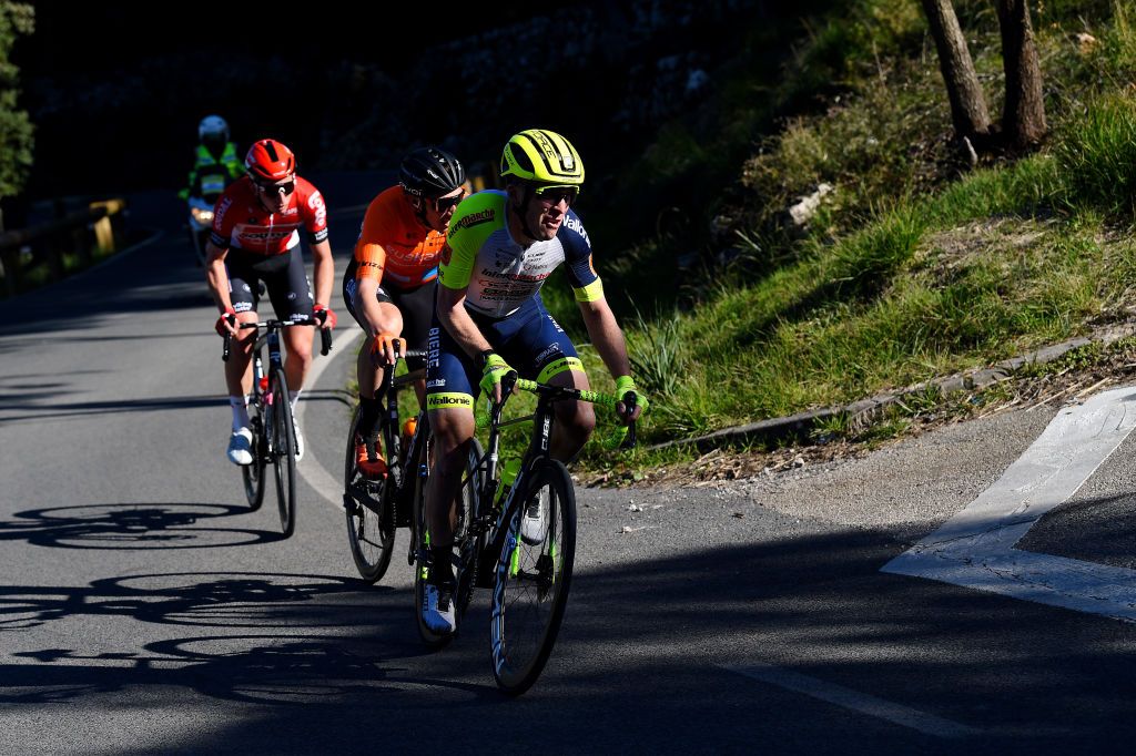 ANDRATX SPAIN JANUARY 29 Jan Bakelants of Belgium and Team Intermarche Wanty Gobert Matriaux Antonio Jess Soto Guirao of Spain and Team Euskaltel Euskadi and Matthew Holmes of United Kingdom and Team Lotto Soudal compete in the breakaway during the 31st Challenge Ciclista Mallorca 2022 Trofeo Pollena Port d Andratx a 170 km race from Pollena to Andratx 214m ChallengeMallorca on January 29 2022 in Andratx Spain Photo by Dario BelingheriGetty Images