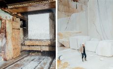 Left, Temmer’s water-cooled machine, Right, Robin Grasby at a Temmer marble quarry