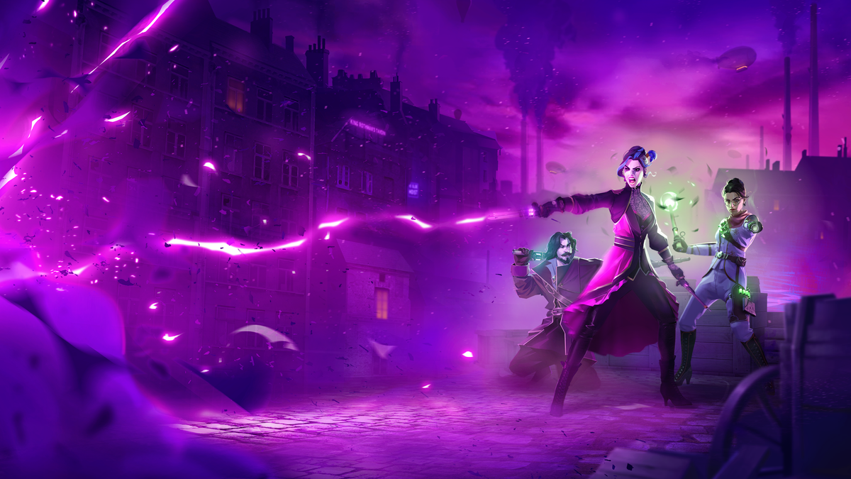 Three wizards prepare for battle surrounded by purple mist