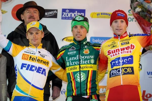 Winner Sven Nys (Landbouwkrediet) with Kevin Pauwels (Telenet-Fidea) and Klaas Vantornout (Sunweb-Revor) on the podium.