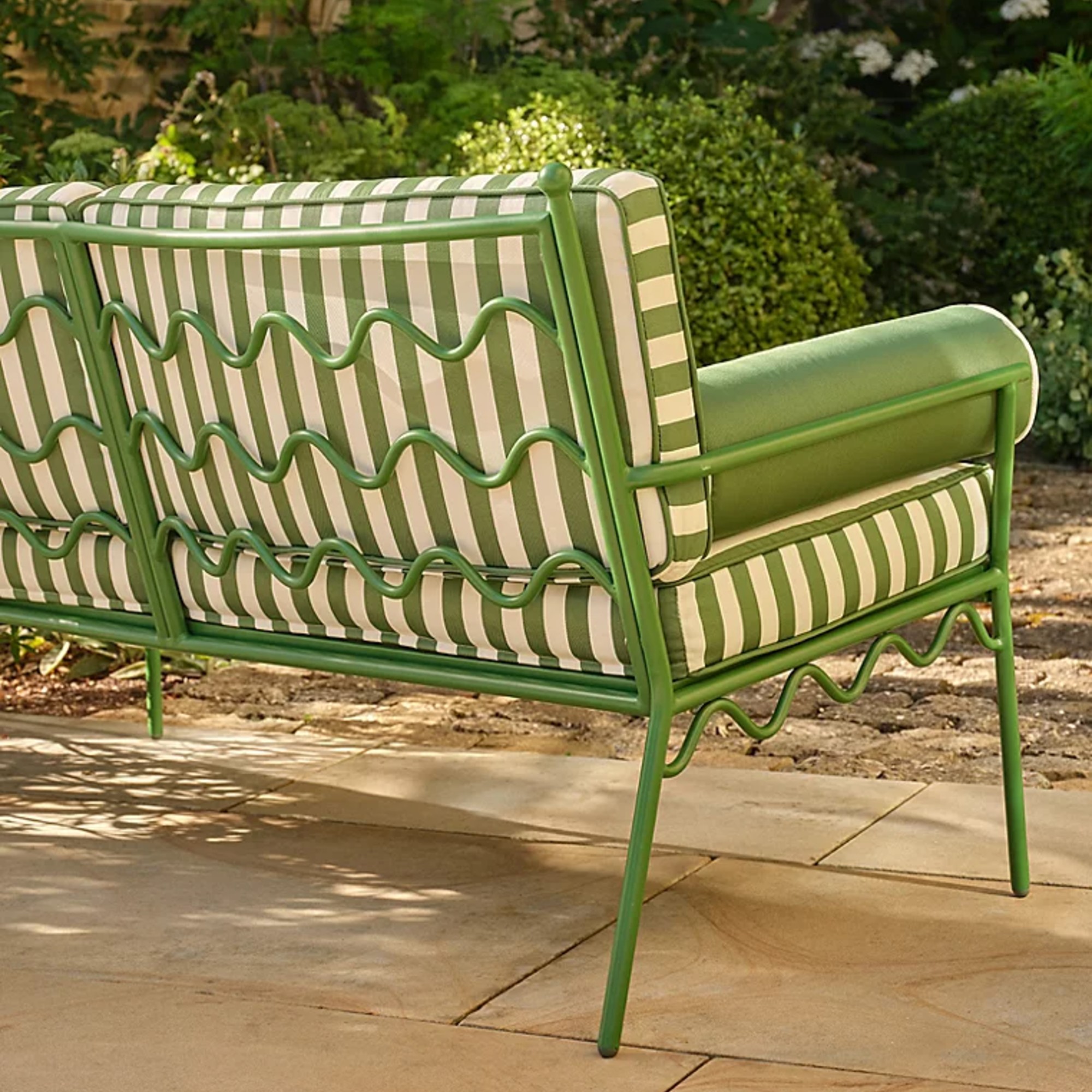 The back of George Home's Riviera Green and White Stripe Metal Garden Bench