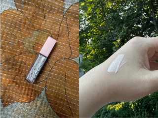 On the left, NYX Ultimate Glow Shots liquid eyeshadow over a brown floral blanket. On the right, a swatch of NYX Ultimate Glow Shots liquid eyeshadow on an hand.