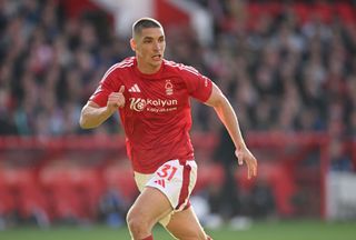 Nikola Milenkovic of Nottingham Forest in action during the Premier League match between Nottingham Forest FC and Fulham FC at City Ground on September 28, 2024 in Nottingham, England.