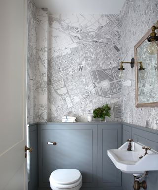 Bespoke map wallpaper in a bathroom with smart grey panelling