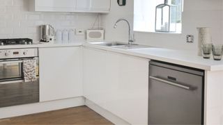 White kitchen with a stainless steel dishwasher