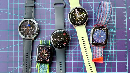 A close-up of the best smartwatches in 2026, showing the Samsung Galaxy Watch 8, Apple Watch SE 3, Google Pixel Watch 4, Garmin Venu 4, and Apple Watch Series 11