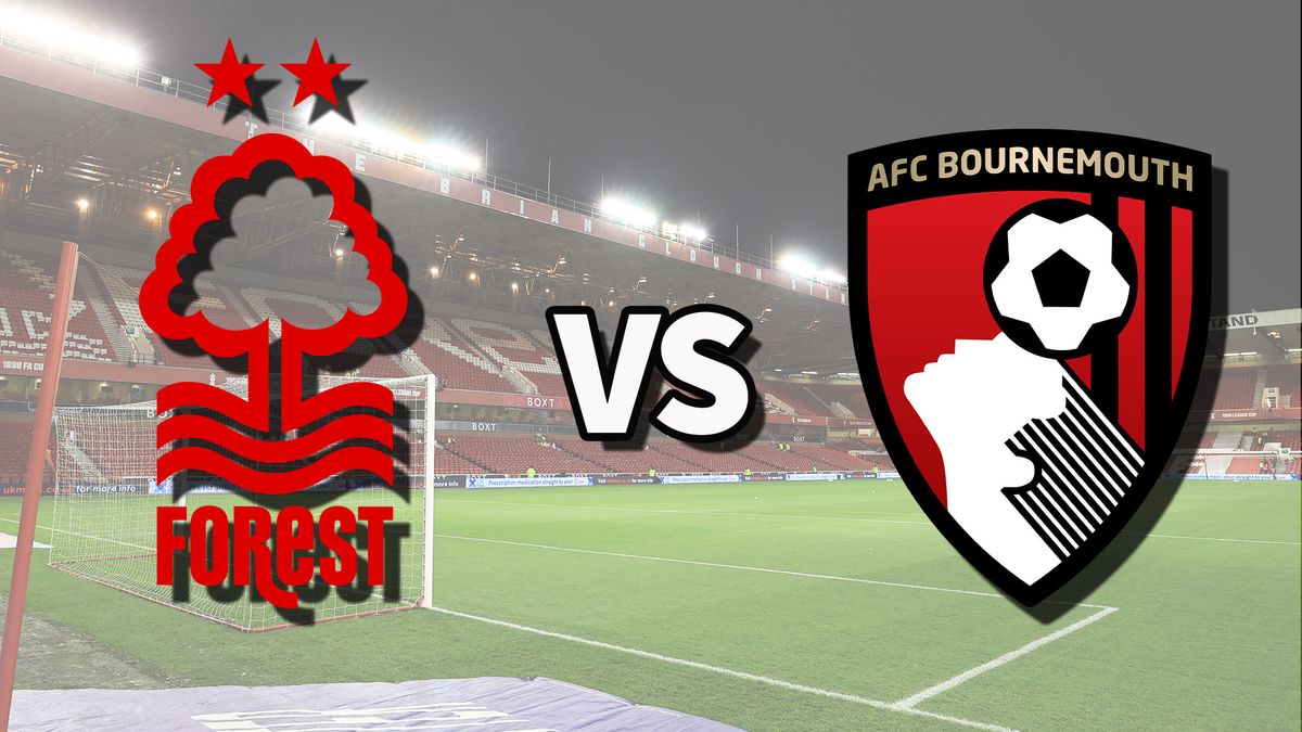 The Nottingham Forest and AFC Bournemouth club badges on top of a photo of the City Ground in Nottingham, England