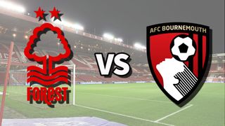 The Nottingham Forest and AFC Bournemouth club badges on top of a photo of the City Ground in Nottingham, England