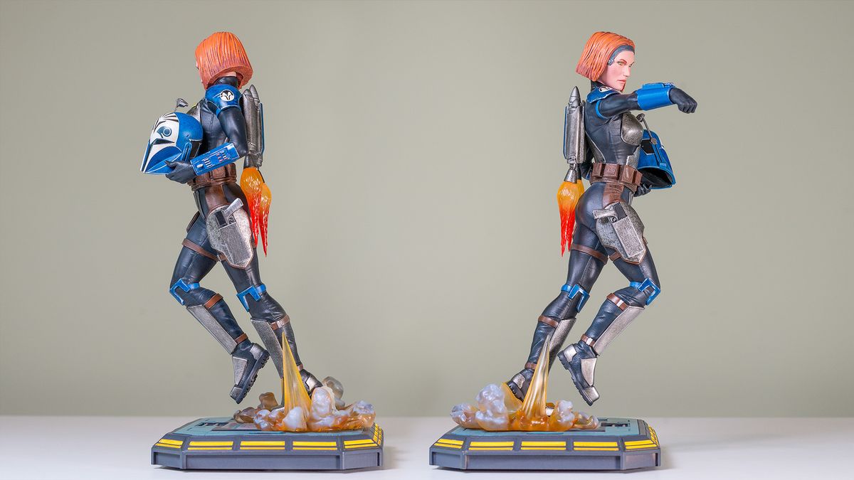 Each side of the Bo-Katan Kryze 1:7 scale statue on a green background