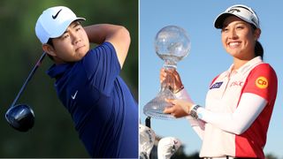 Tom Kim hits a driver off the tee, whilst Thitikul holds the CME Group Tour Championship trophy