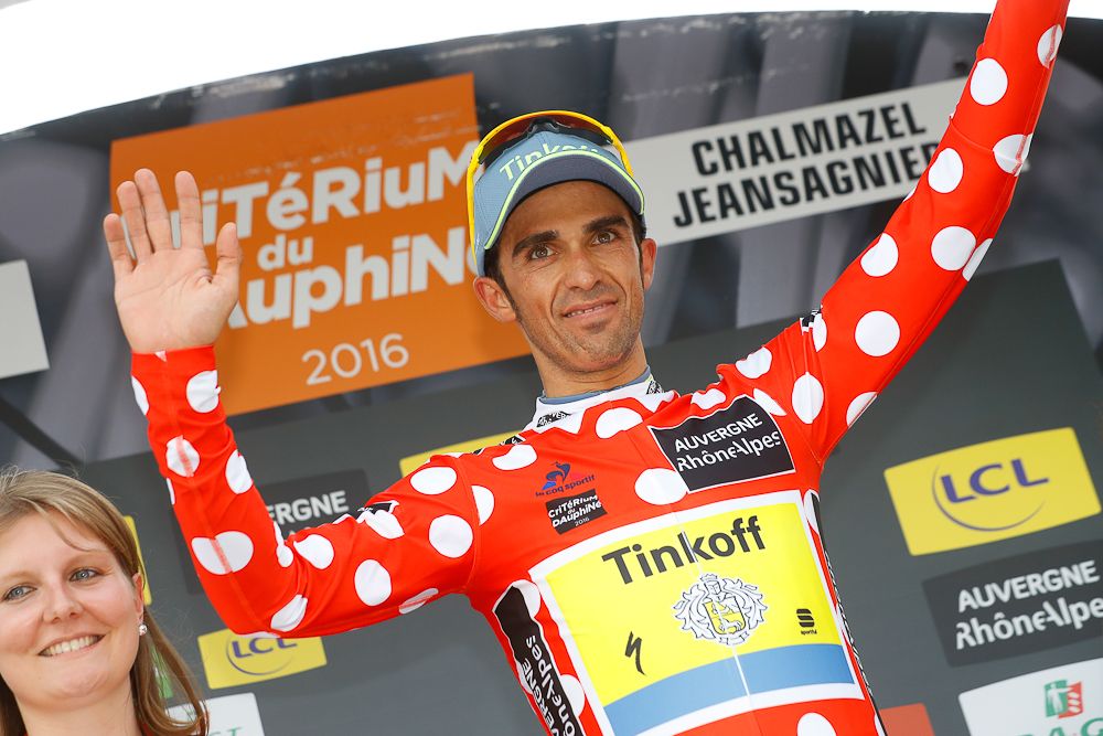 Alberto Contador in the climber's jersey after stage 2 at the Criterium du Dauphine