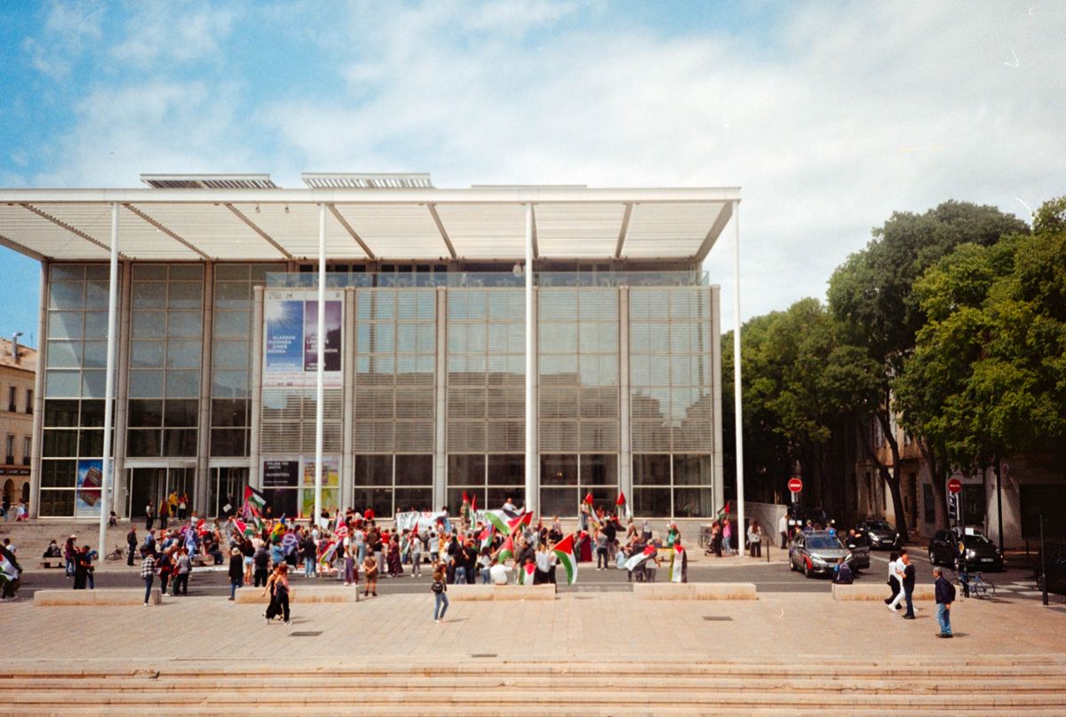 Scanned and digitized film image, using Valoi Easy 35 Pro V2 and Negative Lab Pro Lightroom plugin. Image shows a protest happening in a public square with multiple Palestinian flags
