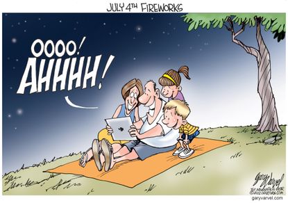 Political cartoon U.S. fourth of July fireworks technology