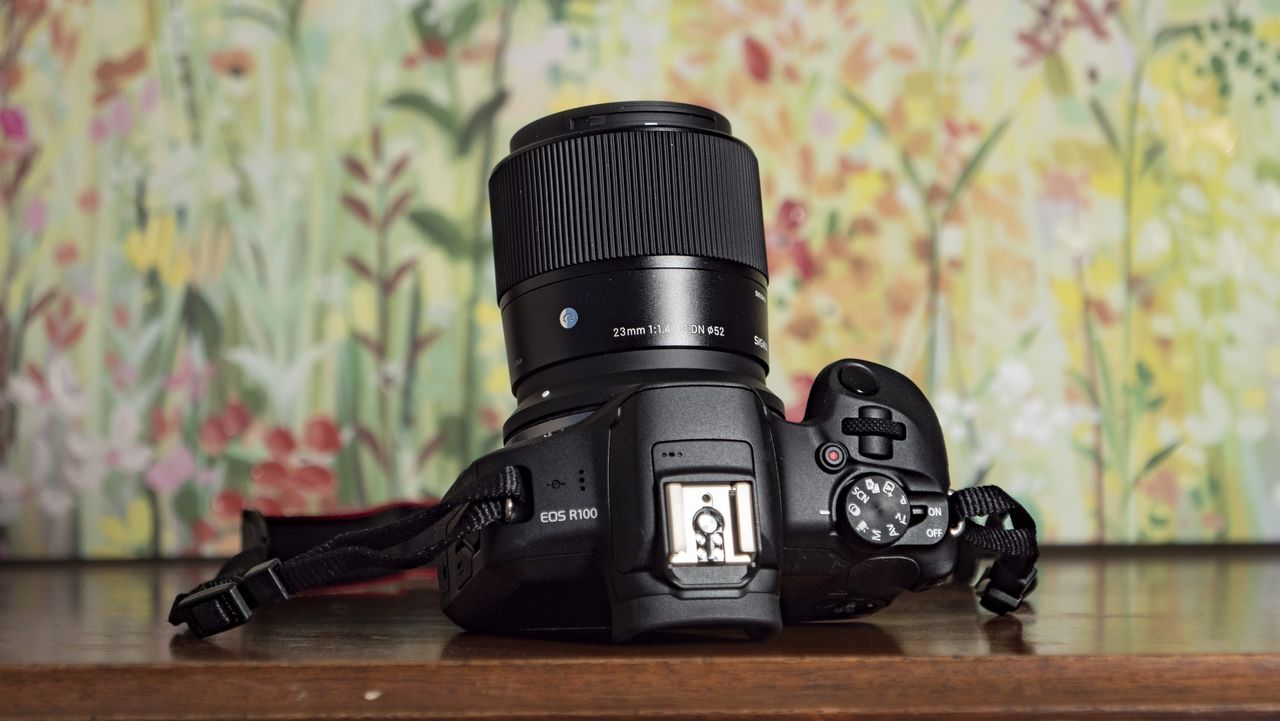 Sigma 23mm F1.4 DC DN Contemporary lens attached to a Canon EOS R100, on a wooden surface with floral backrop