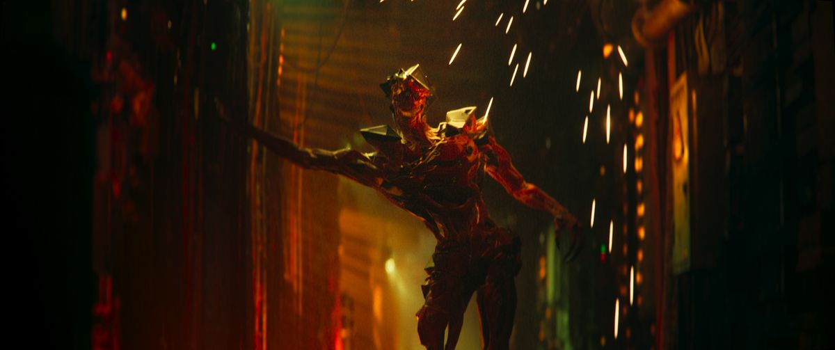 Babiru DaVinci Resolve colour tips; a part human part android figure stumbles down a corridor as sparks drop from the roof