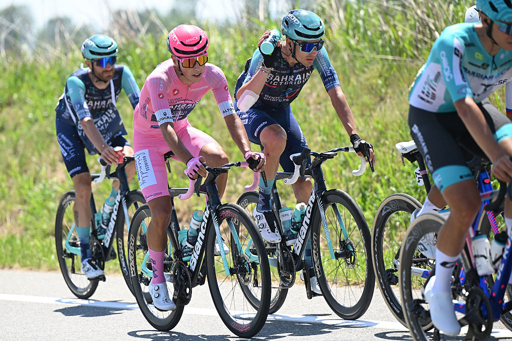 VERBANIA, ITALY - MAY 22: Afonso Eulalio of Portugal and Team Bahrain - Victorious - Pink Leader Jersey competes during the 109th Giro d&amp;amp;apos;Italia 2026, Stage 13 a 189km stage from Alessandria to Verbania / #UCIWT / on May 22, 2026 in Verbania, Italy. (Photo by Dario Belingheri/Getty Images)